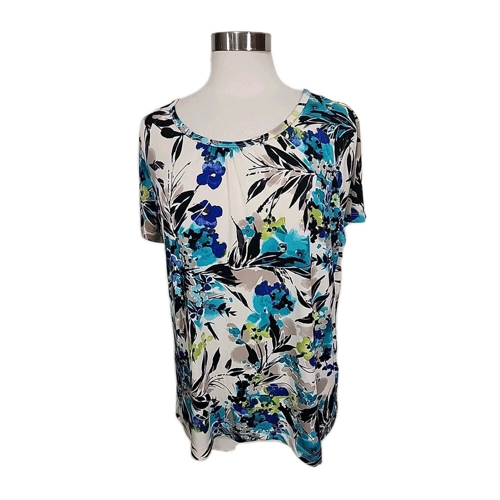 Covington Womens Size XL Blue Tan Floral Short Sleeve Pullover Top Stretch Knit